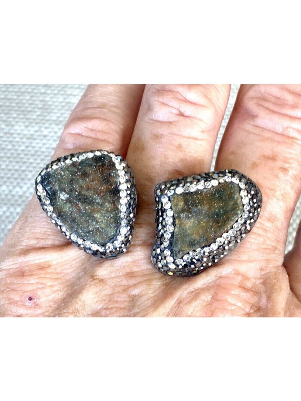 Turkish Double Green Stone Ring Faceted Crystal & Hemotite Surround Main Stones